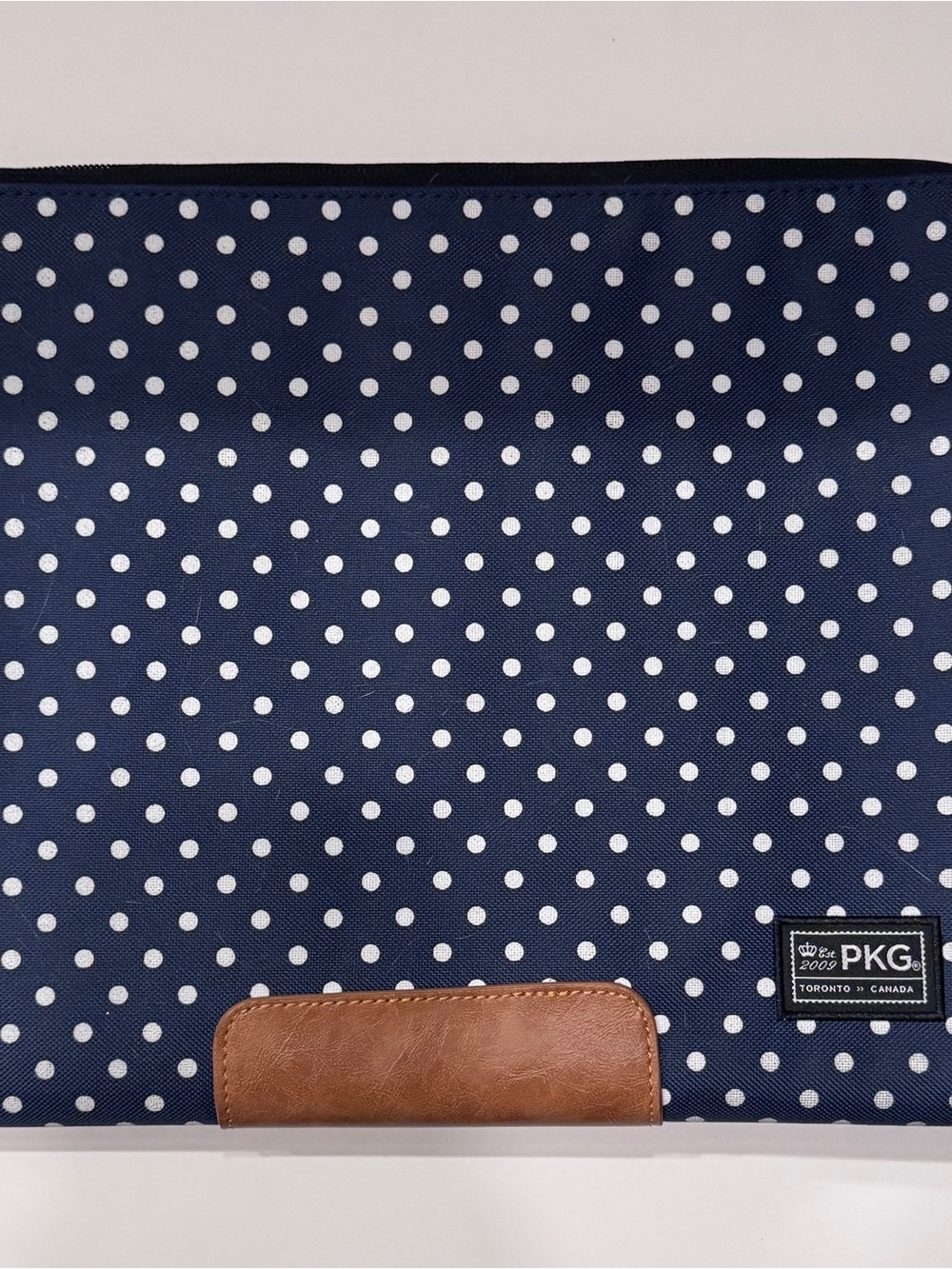 Navy Blue Polka Dot Laptop Sleeve 13/14" with Brown Vegan Leather Trim